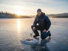First Ice Fishing: The Definitive Guide to Safety & Tactics A man in his early 30s wearing a winter ice fishing suit kneels on a frozen lake at sunrise, clearing an ice hole.