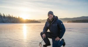 First Ice Fishing: The Definitive Guide to Safety & Tactics A man in his early 30s wearing a winter ice fishing suit kneels on a frozen lake at sunrise, clearing an ice hole.