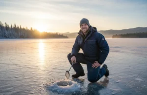 First Ice Fishing: The Definitive Guide to Safety & Tactics A man in his early 30s wearing a winter ice fishing suit kneels on a frozen lake at sunrise, clearing an ice hole.