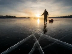 First Ice Fishing Protocol: Safety, Gear & Tactics A lone ice fisherman walking onto clear black ice at sunrise, testing the surface with a spud bar.
