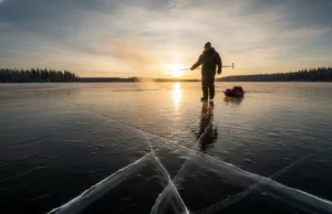 First Ice Fishing Protocol: Safety, Gear & Tactics A lone ice fisherman walking onto clear black ice at sunrise, testing the surface with a spud bar.