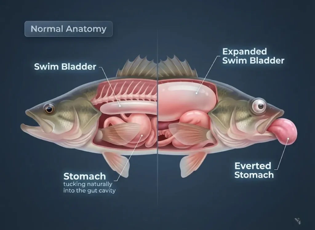 A high-definition split-screen 3D anatomical illustration comparing a healthy fish with one suffering from barotrauma. The left side shows normal internal organ placement. The right side shows an expanded swim bladder pushing the stomach inside out through the mouth, labeled to distinguish the two organs.