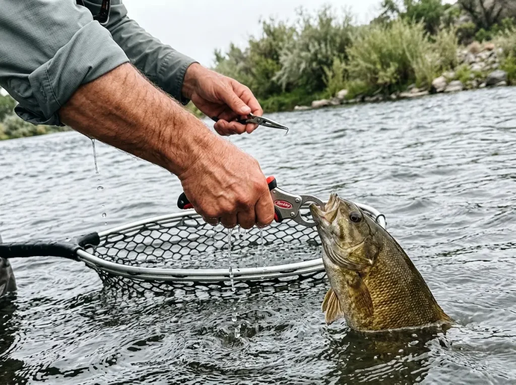 Using a lip grip to control a fish at the surface for a fast release, essential fishing tools for handling