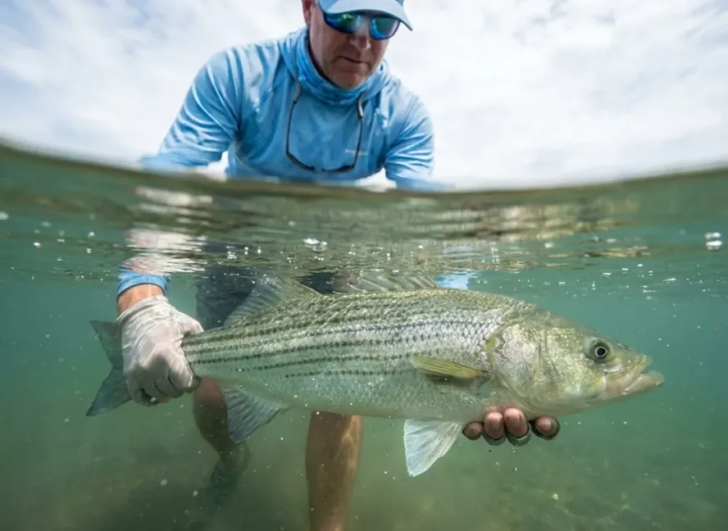 Underwater split-shot showing a large fish being held just below the surface, highlighting gills and water clarity.
