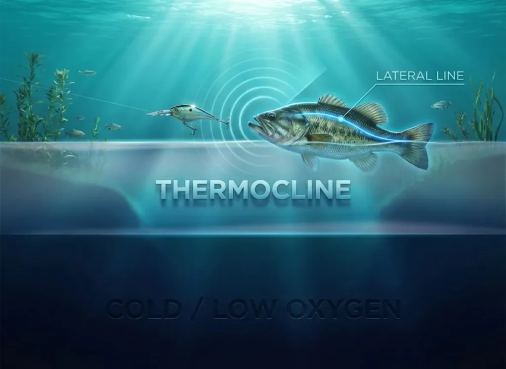 A split-level cross-section illustration of a lake environment showing the warm surface water, the distinct thermocline barrier, and deep cold water, featuring a fish with its lateral line sensory organ glowing to detect vibration.