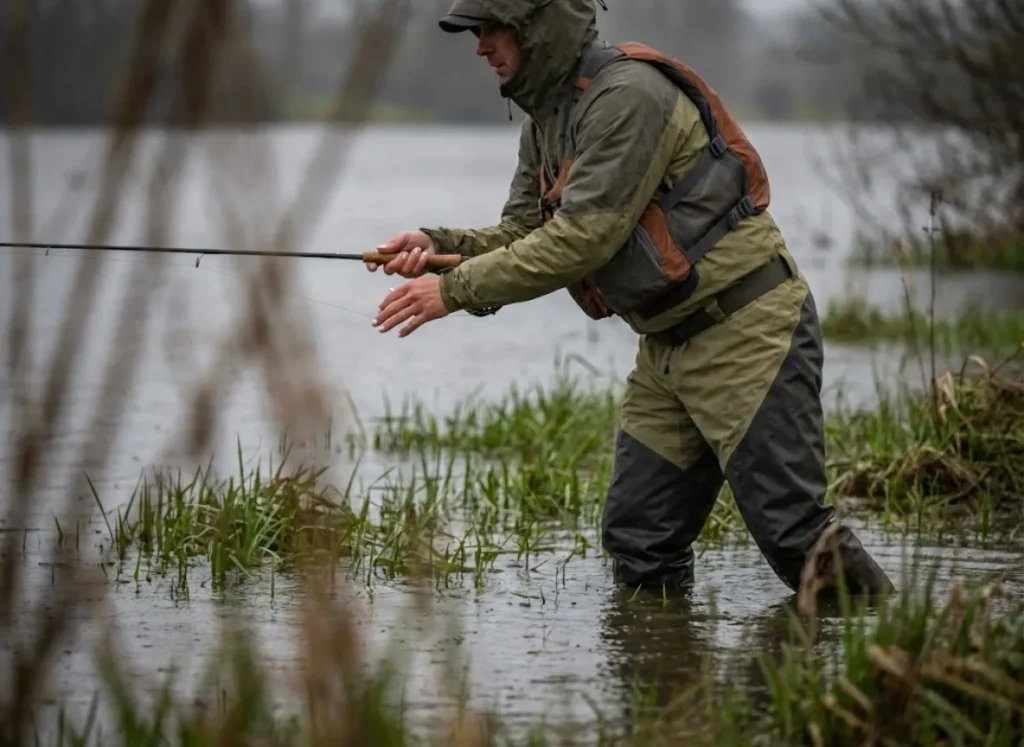 Angler wading in flooded grass along a riverbank, casting a fishing rod parallel to the shore.