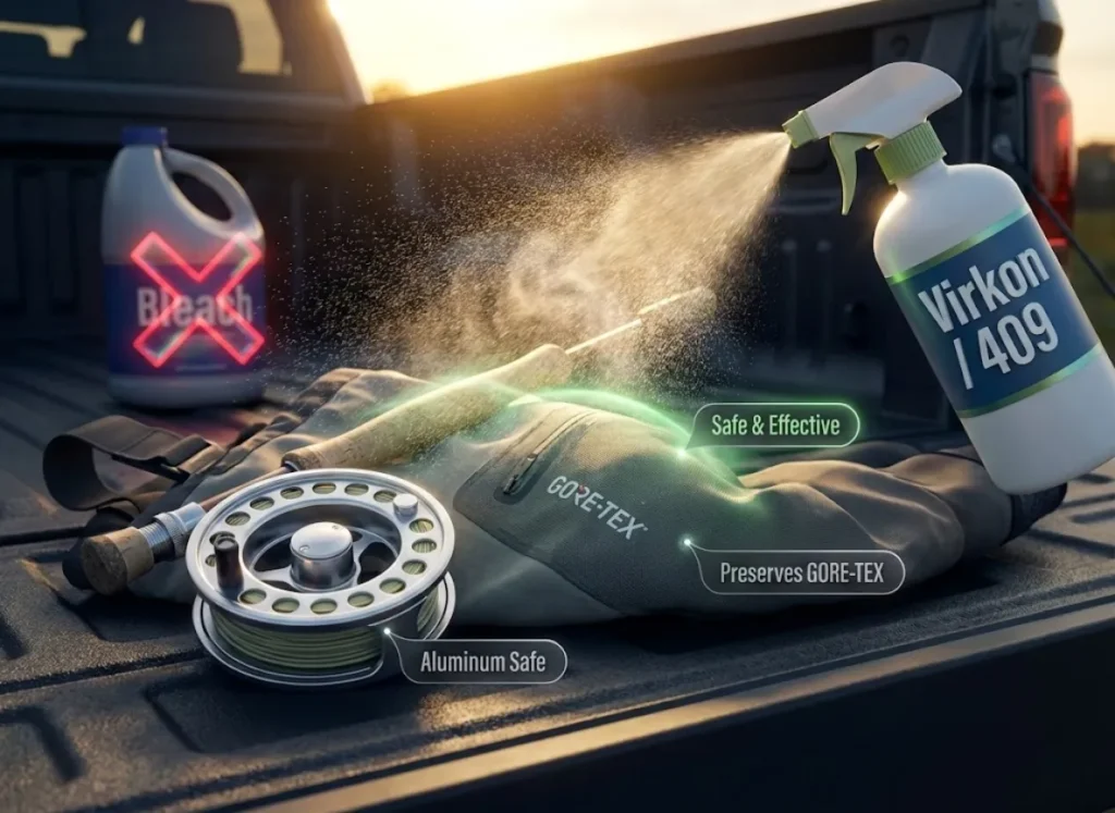 A cinematic, high-definition visualization of fishing gear decontamination. A spray bottle of Virkon is shown spraying a fine mist over waders and a reel, highlighting safety. In the background, a bottle of bleach is dimmed and marked with a red warning symbol to indicate corrosion risk.