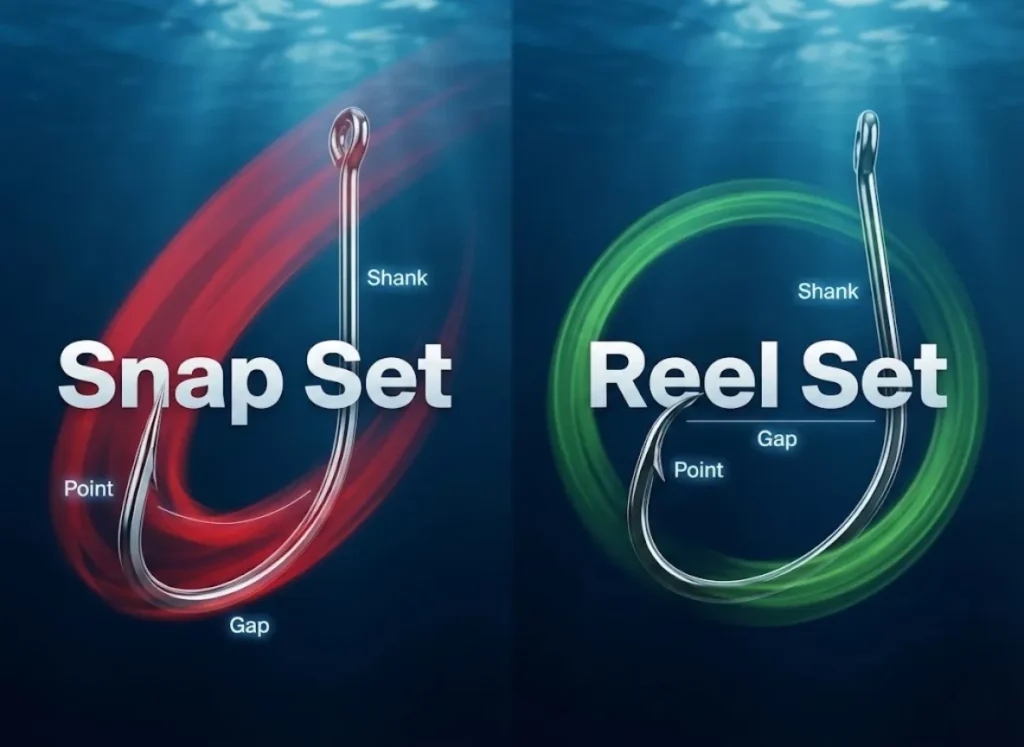 A high-definition technical comparison of a J-Hook and a Circle Hook, illustrating the anatomical differences and the mechanics of the Snap Set versus the Reel Set for fish conservation.