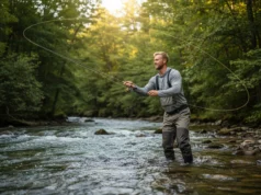 Fishing in Current: The Definitive Guide for River Anglers A skilled male angler in his 30s wearing waders casts his line into a beautiful, fast-moving river.
