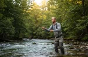 Fishing in Current: The Definitive Guide for River Anglers A skilled male angler in his 30s wearing waders casts his line into a beautiful, fast-moving river.