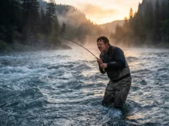 Fishing in Current: The Ultimate Water Reading Guide Angler wading in a fast-moving river at dawn, bracing against the current while holding a bent fishing rod.