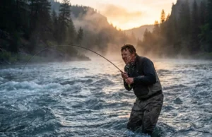 Fishing in Current: The Ultimate Water Reading Guide Angler wading in a fast-moving river at dawn, bracing against the current while holding a bent fishing rod.
