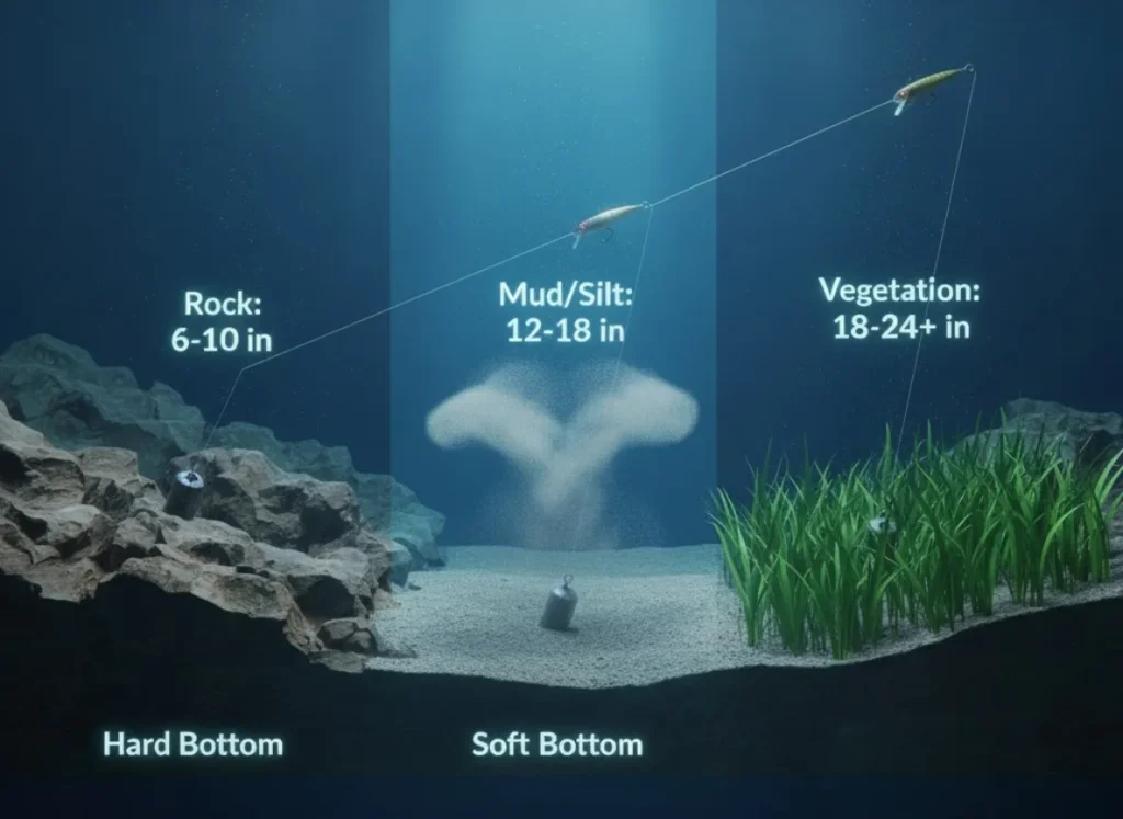 A split-view underwater infographic illustrating the correct fishing leader length for three bottom types: rocky bottoms (short leader), muddy bottoms with silt clouds (medium leader), and grassy vegetation (long leader).