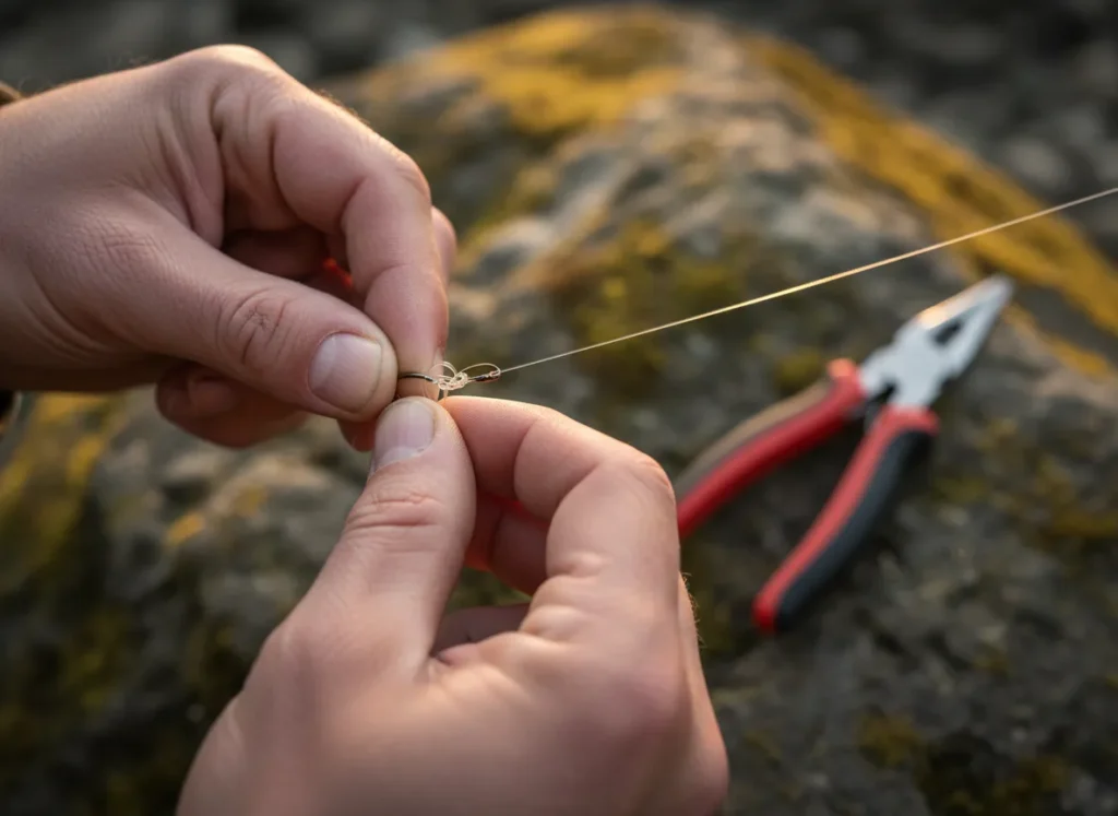 Hands tying a fishing knot to connect line to a hook.