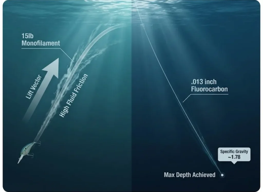 A split-screen educational 3D illustration comparing two fishing lines underwater. The left side shows a thicker monofilament line bowing upwards due to drag, labeled 'Lift Vector'. The right side shows a thinner fluorocarbon line diving straighter and deeper, labeled 'Max Depth'.