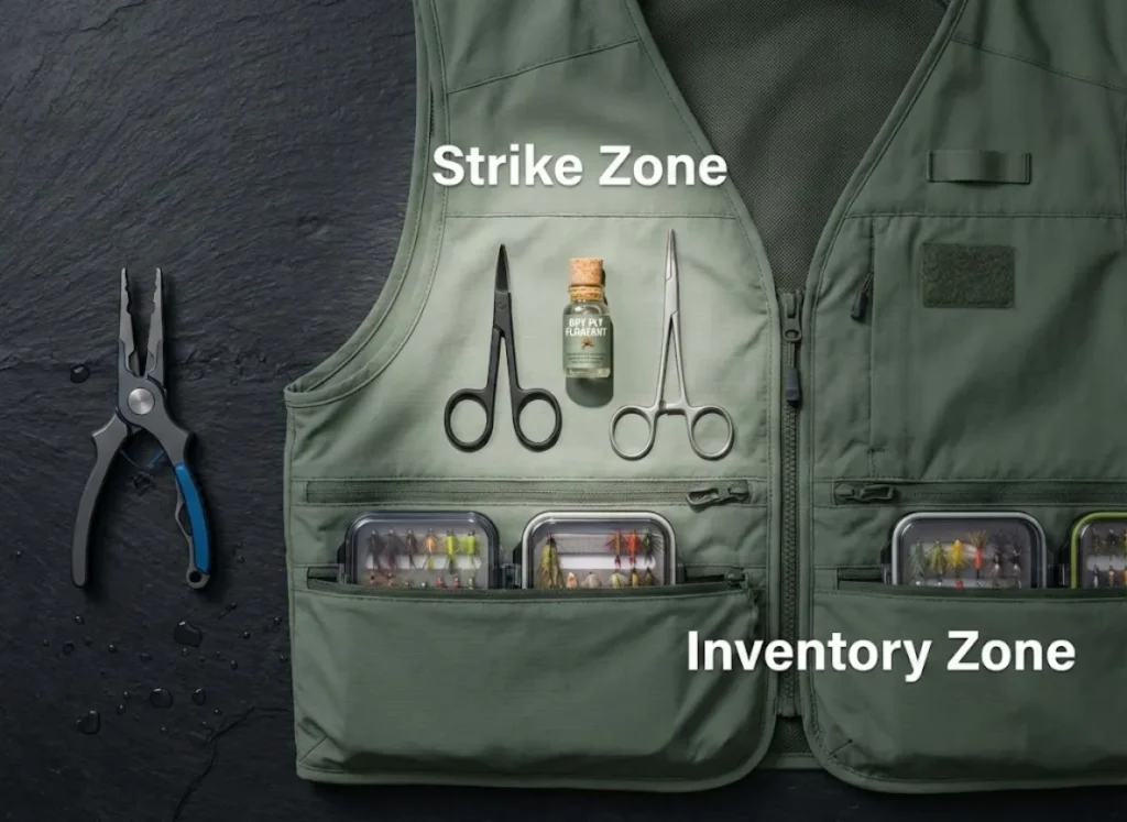 A high-definition flat-lay photograph of a technical fishing vest and gear arranged by frequency of use. Visual labels indicate a "Strike Zone" for tools and an "Inventory Zone" for fly boxes.