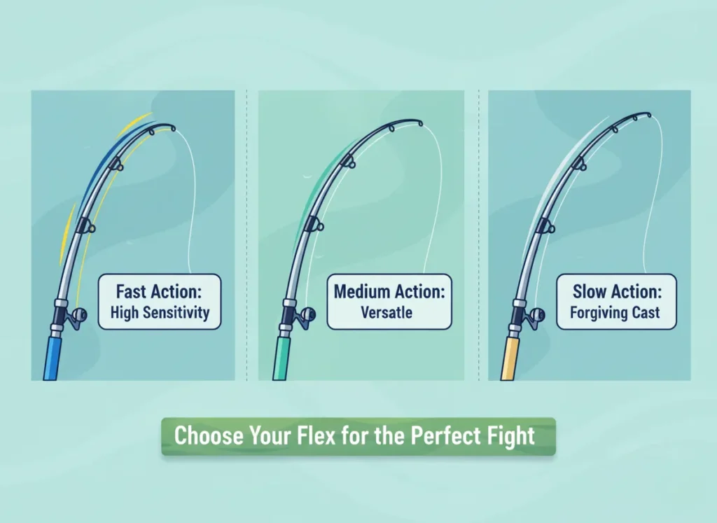 A clean, side-by-side diagram of three fishing rods bending under load to illustrate fast, medium, and slow actions, with annotations for high sensitivity, versatility, and forgiving casts, in a vibrant explainer cartoon style with blue and green waterscape accents.