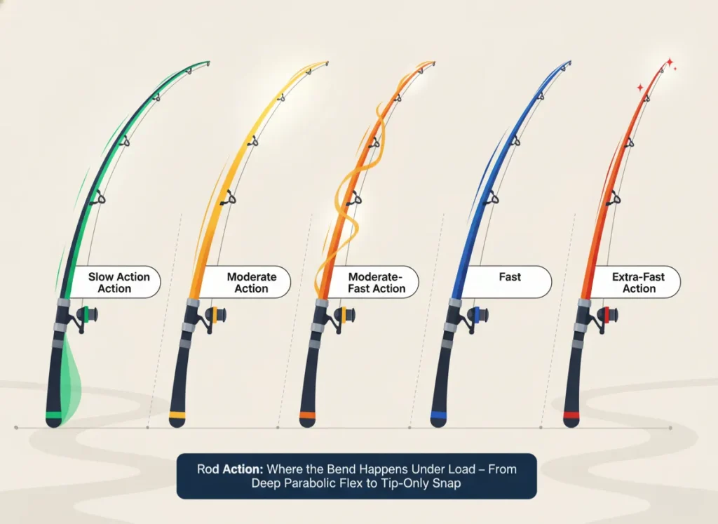 A comparative infographic diagram showing five fishing rods bent under load, highlighting the flexing sections in distinct colors to illustrate slow, moderate, moderate-fast, fast, and extra-fast actions for educational clarity.