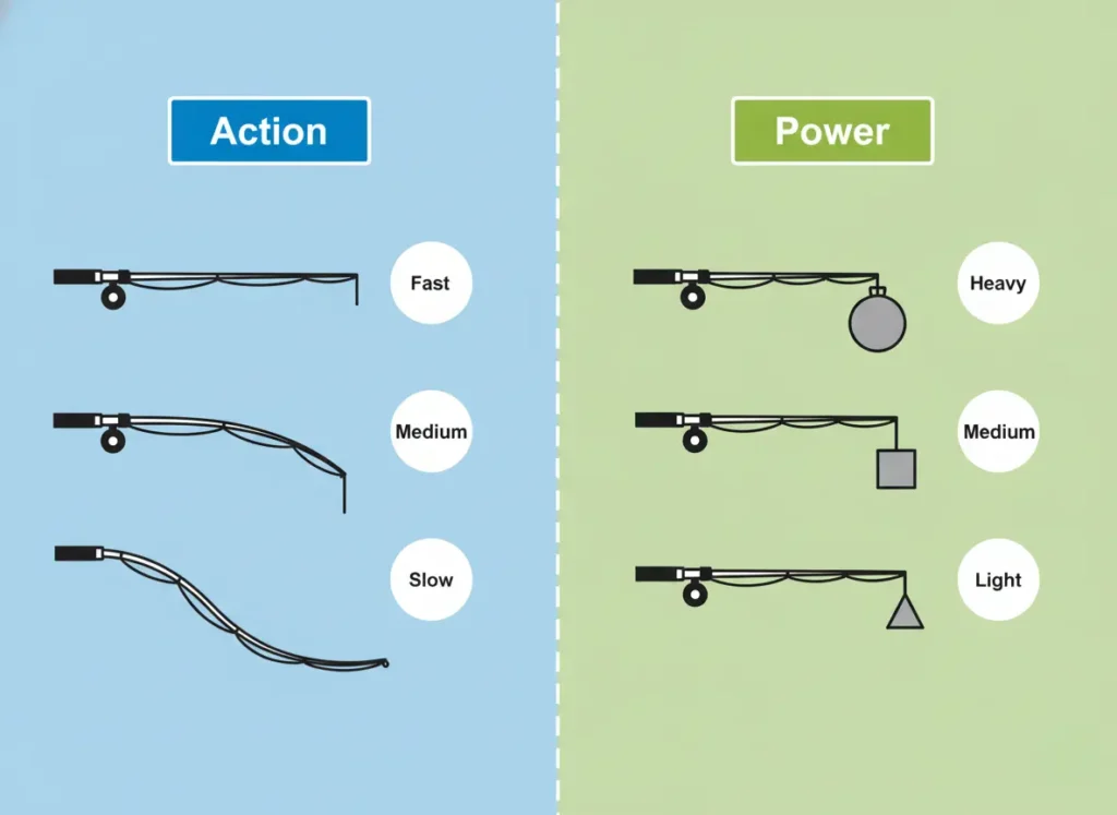 An infographic explaining the difference between fishing rod action and power. The left panel shows 'Action' with fast, medium, and slow rods bending at different points. The right panel shows 'Power' with heavy, medium, and light rods resisting different weights.