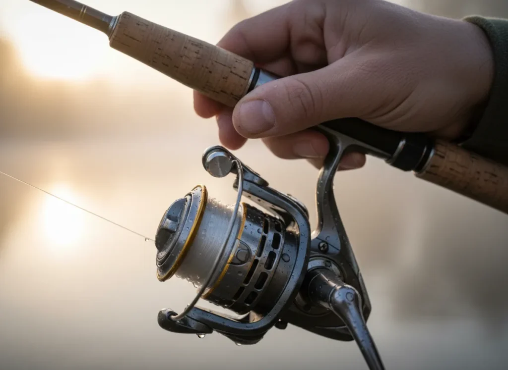 Close up of an angler's hand adjusting the drag on a spinning reel.