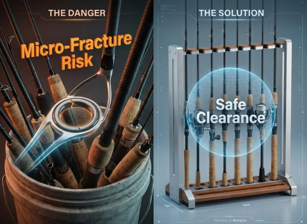 A split-screen educational infographic. Left side: Close-up of fishing rods tangled in a bucket, highlighting a microscopic crack in a ceramic guide labeled "Micro-Fracture Risk." Right side: Rods neatly spaced in a rack with a holographic bubble labeled "Safe Lateral Zone," demonstrating proper clearance.