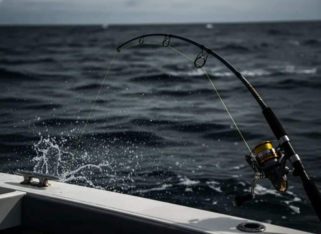 A fishing rod bent deeply under heavy drag pressure with water spraying off the tight line.