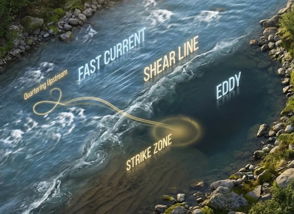 A high-definition tactical diagram of a river bend, illustrating the hydrodynamics of a "Shear Zone." The visual differentiates between the fast main current and the slow eddy, highlighting the "Shear Line" seam and the correct upstream casting trajectory for anglers.