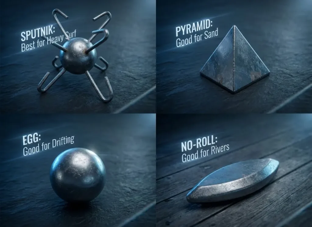 A high-definition visual comparison of four fishing sinker types—Sputnik, Pyramid, Egg, and No-Roll. The weights are arranged on a textured surface with glowing labels indicating their best use cases: Surf, Sand, Drifting, and Rivers.