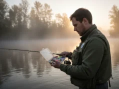 Fishing Terms for Beginners: A Visual Field Guide An angler standing in a river at dawn consulting a tackle box.