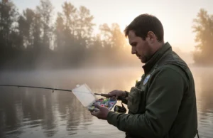 Fishing Terms for Beginners: A Visual Field Guide An angler standing in a river at dawn consulting a tackle box.