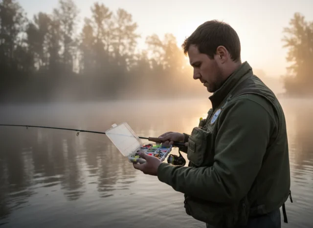 fishing-terms-beginners-guide An angler standing in a river at dawn consulting a tackle box.