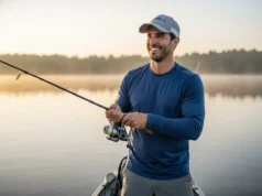 Fishing Terms for Beginners: The Definitive Angler’s Guide A handsome man in his late 30s smiles confidently while fishing on a calm lake at sunrise, wearing a performance sun shirt.
