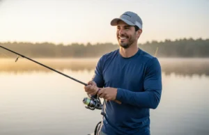 Fishing Terms for Beginners: The Definitive Angler’s Guide A handsome man in his late 30s smiles confidently while fishing on a calm lake at sunrise, wearing a performance sun shirt.