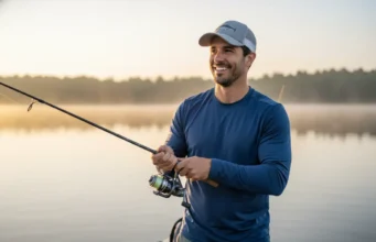 Fishing Terms for Beginners: The Definitive Angler’s Guide A handsome man in his late 30s smiles confidently while fishing on a calm lake at sunrise, wearing a performance sun shirt.