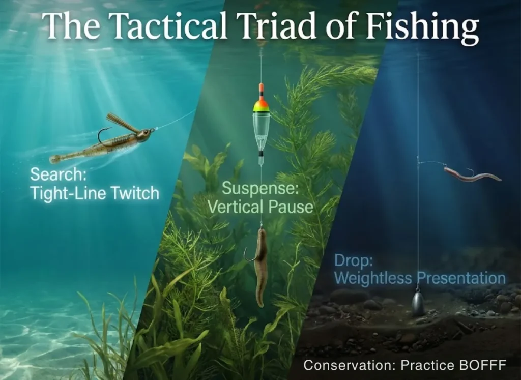 A high-definition underwater cross-section illustration dividing the water column into three strategic fishing zones. The image visualizes the Search, Suspense, and Drop frameworks, featuring realistic renders of a tungsten jig, a slip bobber rig in weeds, and a drop shot rig in deep water, with integrated text labels.