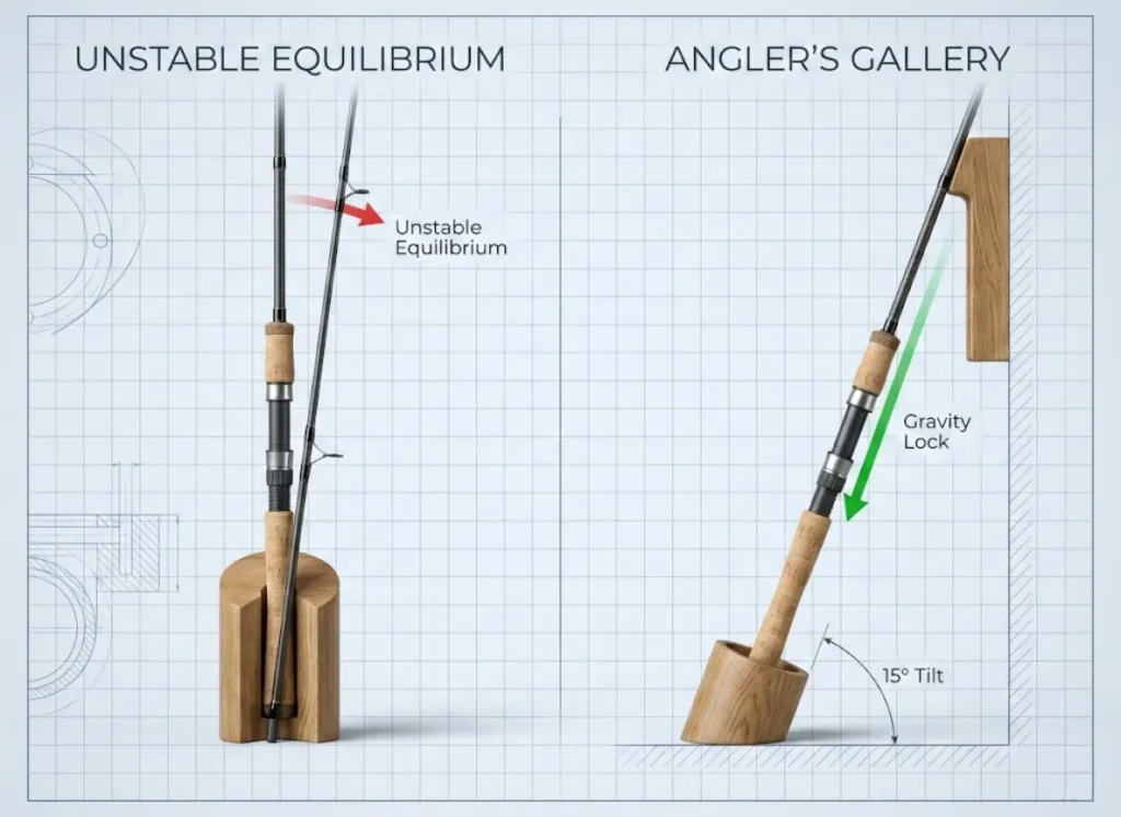 A side-by-side technical cross-section comparing fishing rod rack stability. The left shows a rod standing vertically at 90 degrees with a red 'Unstable' indicator. The right shows a rod leaning back at a 15-degree angle, secured by gravity against the wall, labeled 'Gravity Lock' with green force vectors.