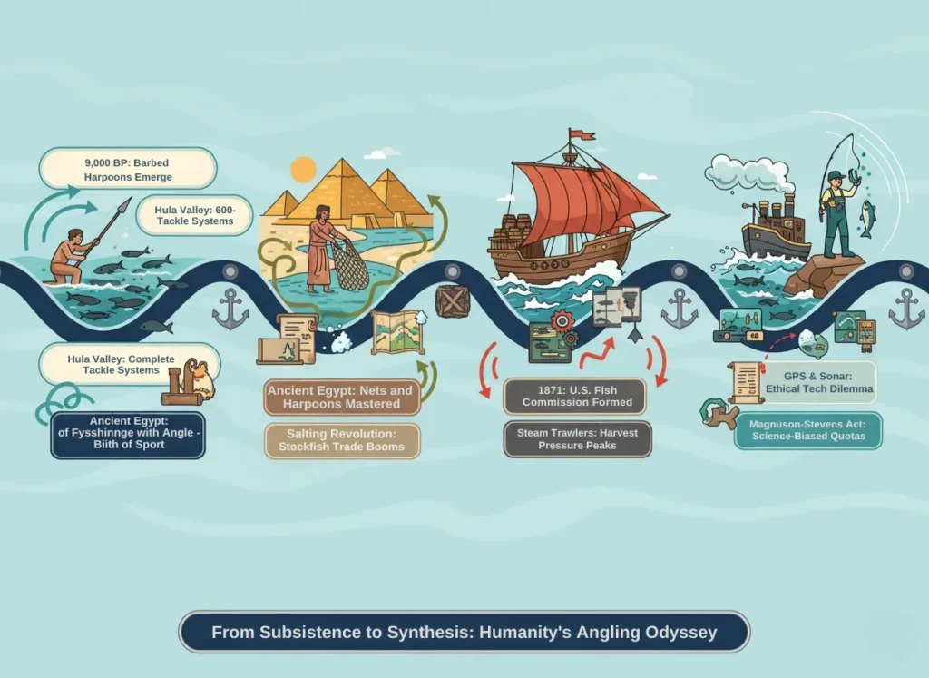 A vibrant horizontal timeline infographic illustrating the five key epochs in the history of angling, from prehistoric subsistence to modern sustainable practices, featuring iconic milestones with dynamic fishing-themed illustrations and elegant text labels.