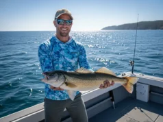 Fixing Barotrauma in Fish: A Step-by-Step Angler’s Guide A skilled male angler in his 30s on a boat, carefully handling a walleye before releasing it back into the water.