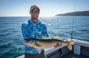 Fixing Barotrauma in Fish: A Step-by-Step Angler’s Guide A skilled male angler in his 30s on a boat, carefully handling a walleye before releasing it back into the water.