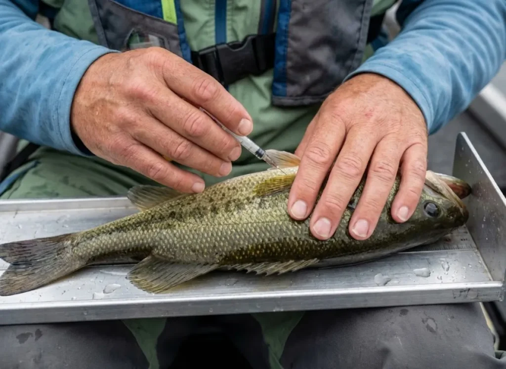 Close up of an angler performing the side-fizzing technique on a largemouth bass to relieve barotrauma.