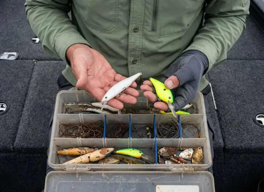 Angler's hands holding a natural ghost-pattern lure and a bright fluorescent chartreuse lure over a messy tackle box.
