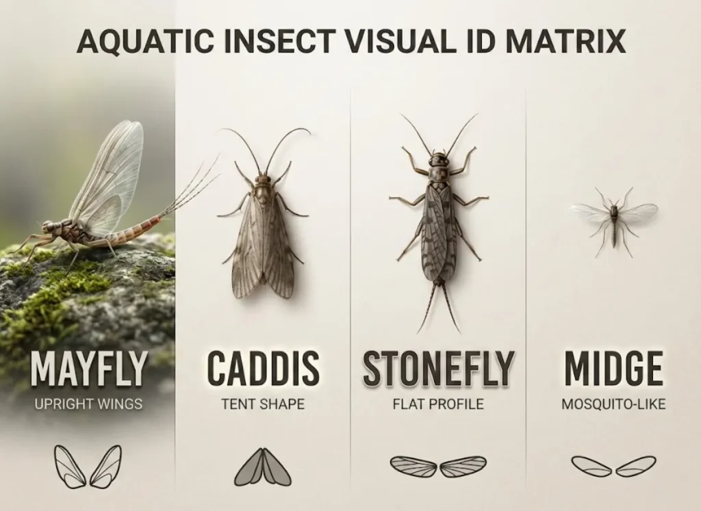 A stunning, high-definition biological identification chart comparing the four main aquatic insect orders for fly fishing: Mayfly, Caddis, Stonefly, and Midge. The illustration highlights wing shapes and tail counts in a clean, editorial style.