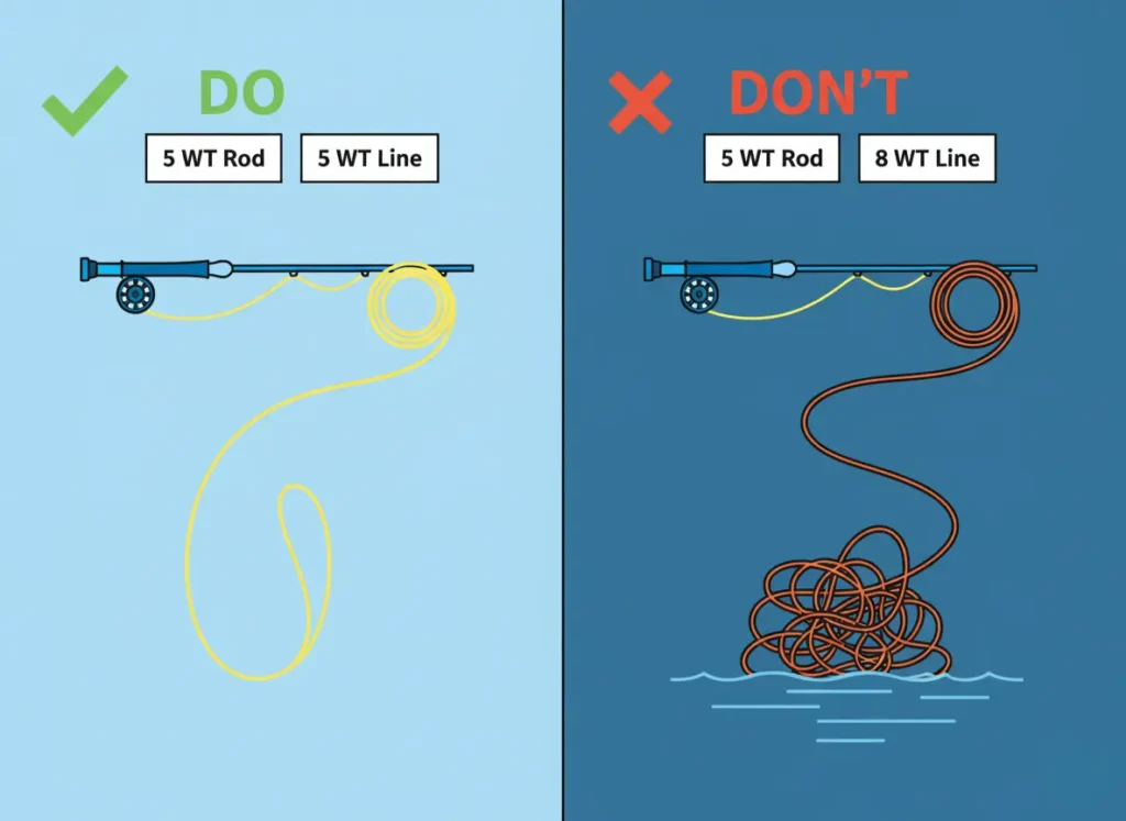 A "Do vs. Don't" infographic about balancing fly fishing gear. The "Do" side shows a matched 5WT rod and 5WT line resulting in a smooth, perfect cast. The "Don't" side shows a 5WT rod with a mismatched 8WT line resulting in a messy, failed cast.
