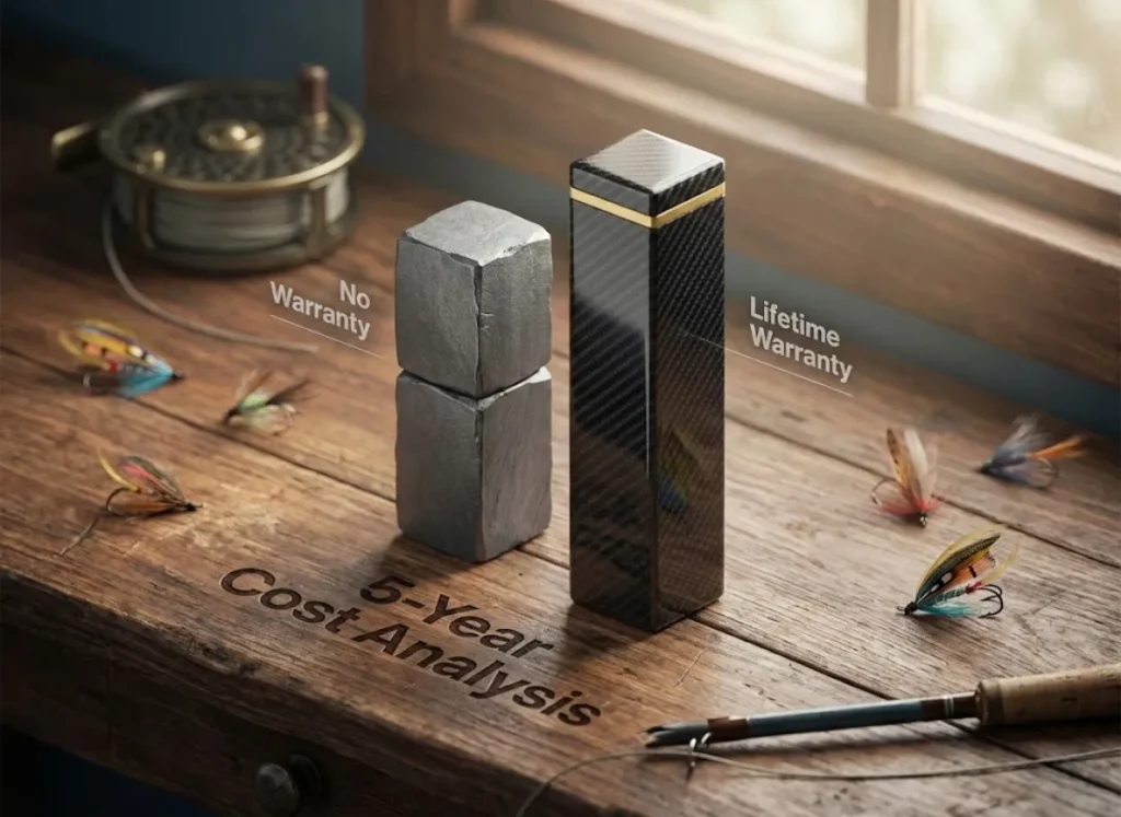 A stylized 3D bar chart infographic set on a wooden fly-tying desk, comparing the 5-year cost of a disposable fishing rod versus a lifetime warranty investment rod, featuring fishing gear textures.