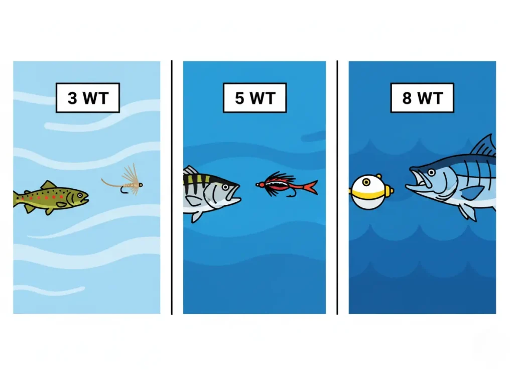 An infographic comparing 3WT, 5WT, and 8WT fly rod weights. The 3WT panel shows a small trout and a dry fly. The 5WT panel shows a medium bass and a woolly bugger. The 8WT panel shows a large bass and a popper fly.