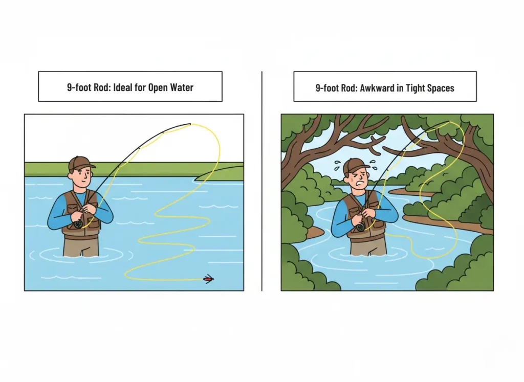 A two-panel infographic about fly rod length. The first panel shows an angler with a 9-foot rod easily managing their line on a wide, open river. The second panel shows the same angler struggling to cast the long rod on a narrow stream with overhanging branches.