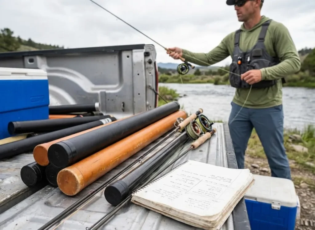 A collection of various fly rods and testing notes laid out on a truck tailgate during a field test.