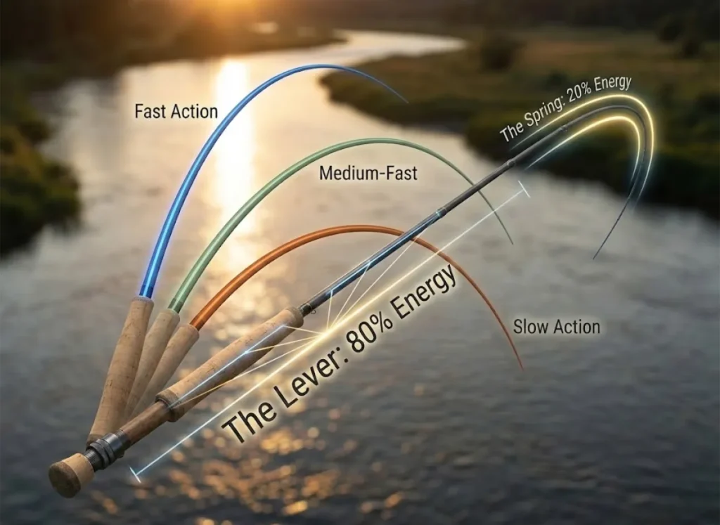 A premium infographic illustrating fly fishing rod physics. The visual compares the rod acting as a lever (80% energy) versus a spring (20% energy) and displays ghosted overlays of Fast, Medium, and Slow action flex profiles against a stylized river background.