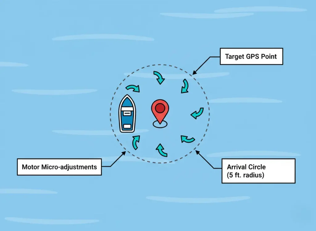 A diagram explaining how a GPS virtual anchor works. It shows a boat inside a dashed circle labeled 'Arrival Circle,' with a central 'Target GPS Point.' Arrows labeled 'Motor Micro-adjustments' show the boat constantly correcting its position to stay within the circle.