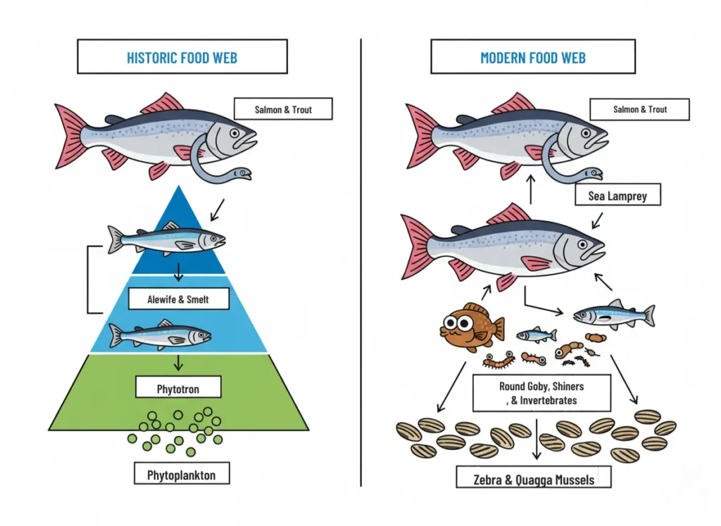 A "Then & Now" infographic comparing the Great Lakes food web. The historic side shows a simple pyramid with salmon and trout eating alewives. The modern side shows a complex web where salmon and trout eat a diverse diet of gobies and other prey, with mussels at the base.